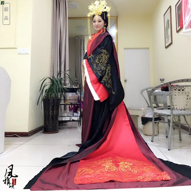 Asian Emperor queen Royal Palace wedding Gown Robe dress Chinese Ancient wedding Hanfu Long Costume Black Red bride groom Outfit