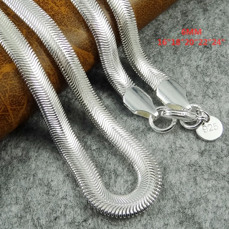 Wholesale 16-24 Inch Popular S925 Sterling Silver Color Fashion Jewelry 6mm Snake Bone Flat Necklace High Quality Necklace