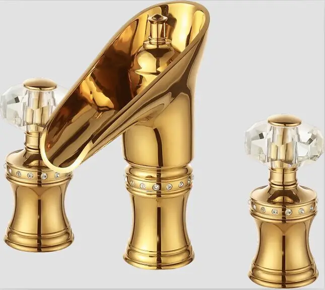 

Free shipping Gold 8" WIDESPREAD LAVATORY BATHROOM SINK FAUCET Crystal handles knobs Mixer faucet