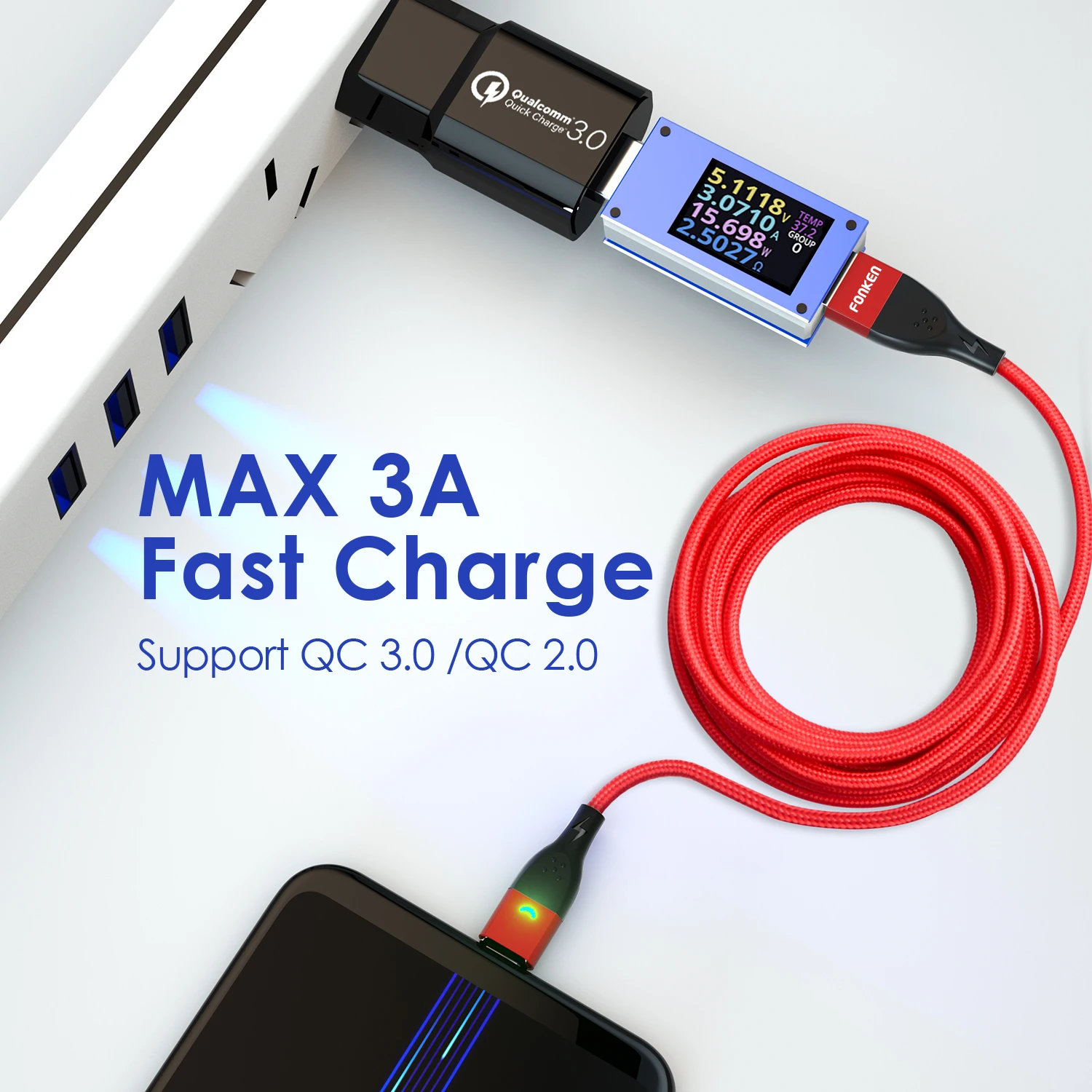 FONKEN – Câble magnétique 3A avec micro chargeur USB type C, cordon de données pour téléphone, aimant à charge rapide