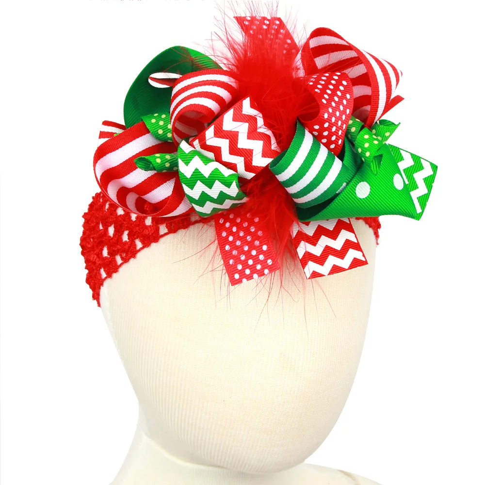 

14cm 5.5" Christmas feather hair printed grosgrain ribbon hair bow elastic knit headband for Christmas retail