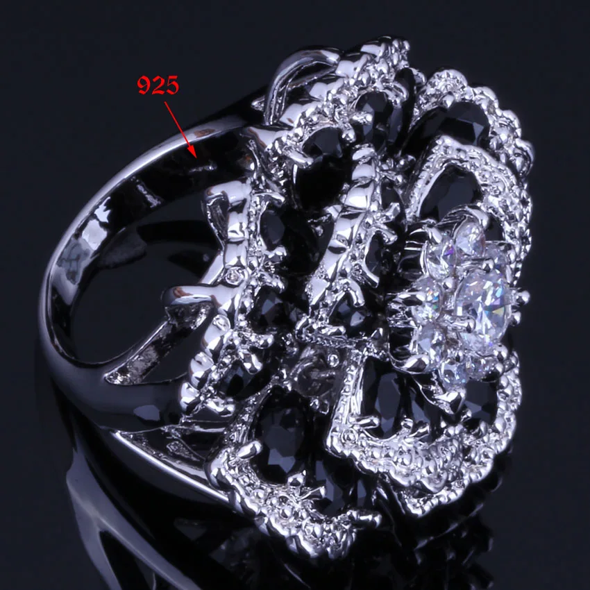 Very Good Huge Flower Black Cubic Zirconia White CZ Silver Plated Ring V0533