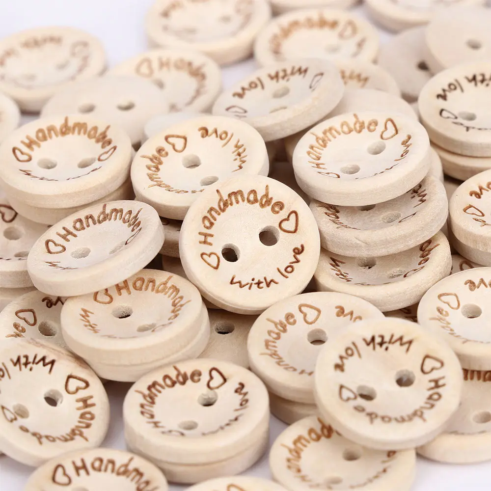 Hand Made with Love Sewing Wood Button, Round Home Festival Decorative Craft Buttons, Hot, 15mm, 100Pcs per Pack