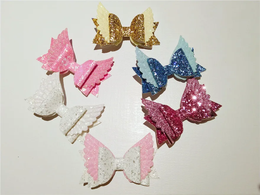 Boutique 12pcs Fashion Cute Glitter Hair Bow Hairpins Solid Angel Wings Bowknot Hair Clips Princess Headwear Hair Accessories