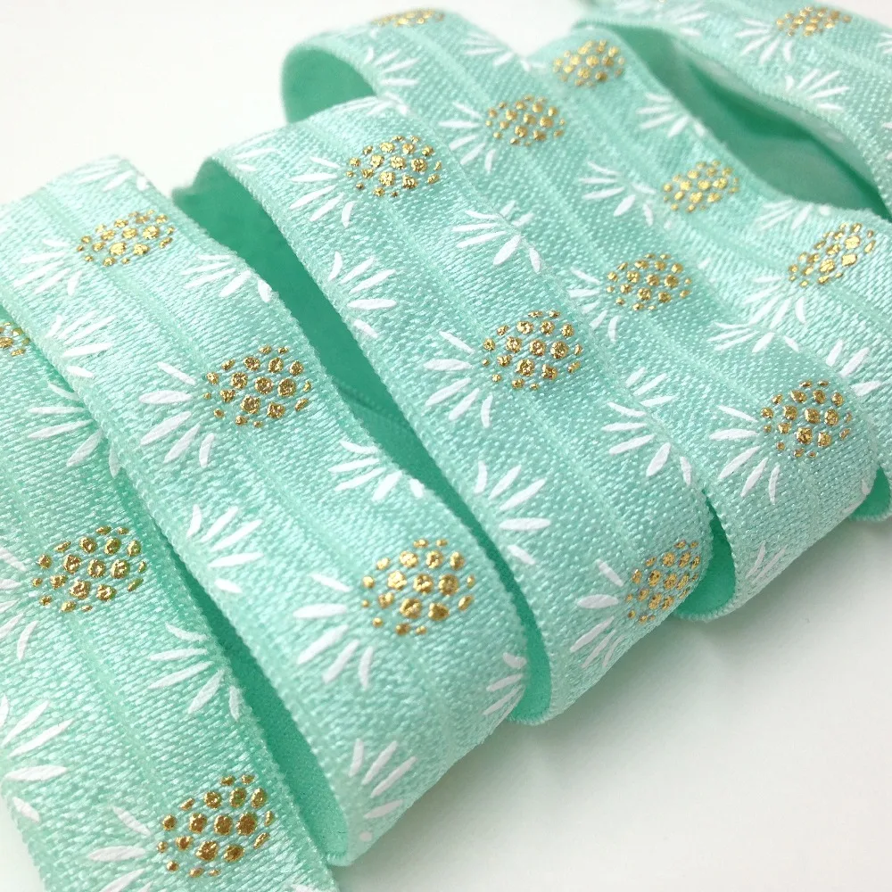 5 Yards 5/8 Aqua Gold Foil Pineapple Printed elastic band, Hair elastic ribbon Foe elastic Gum for sewing