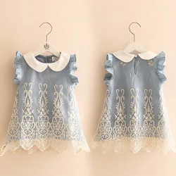 2023 Summer 2-10 Years Children Pleat Peter Pan Collar Fly Sleeve Party Lace Patchwork Blue Denim Vest Dress For Kids Baby Girls