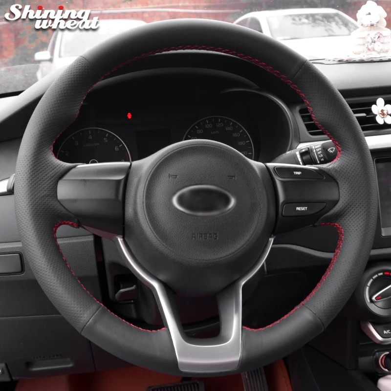 Shining wheat Black  Genuine Leather Car Steering Wheel Cover for Kia Rio K2 Picanto 2017 2018 Morning 2017