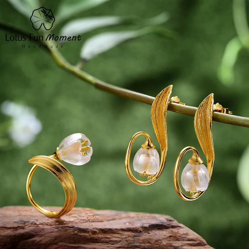 Lotus Fun Moment Real 925 Sterling Silver Fashion Jewelry Natural Crystal Lily of the Valley Flower Jewelry Set for Women