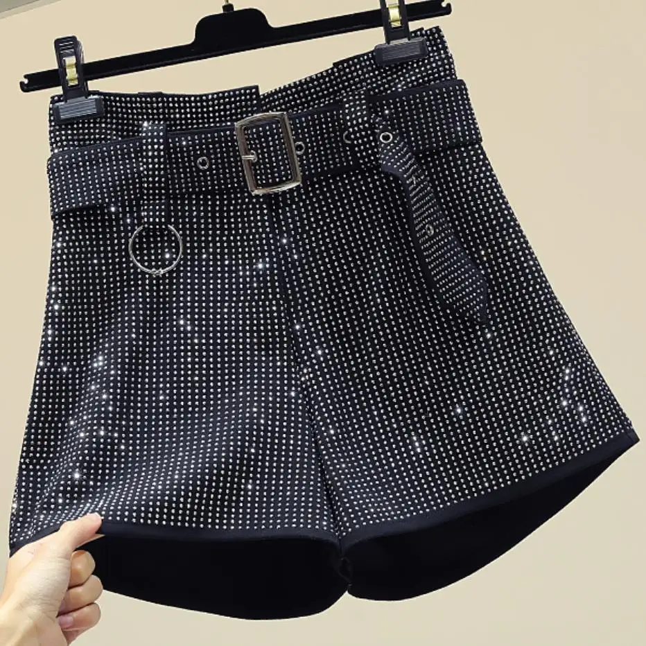 2022 Lente Herfst Nieuwe Mode Hoge Taille Wijde Pijpen Shorts Woemn Zware Werk Diamanten A-lijn Shorts