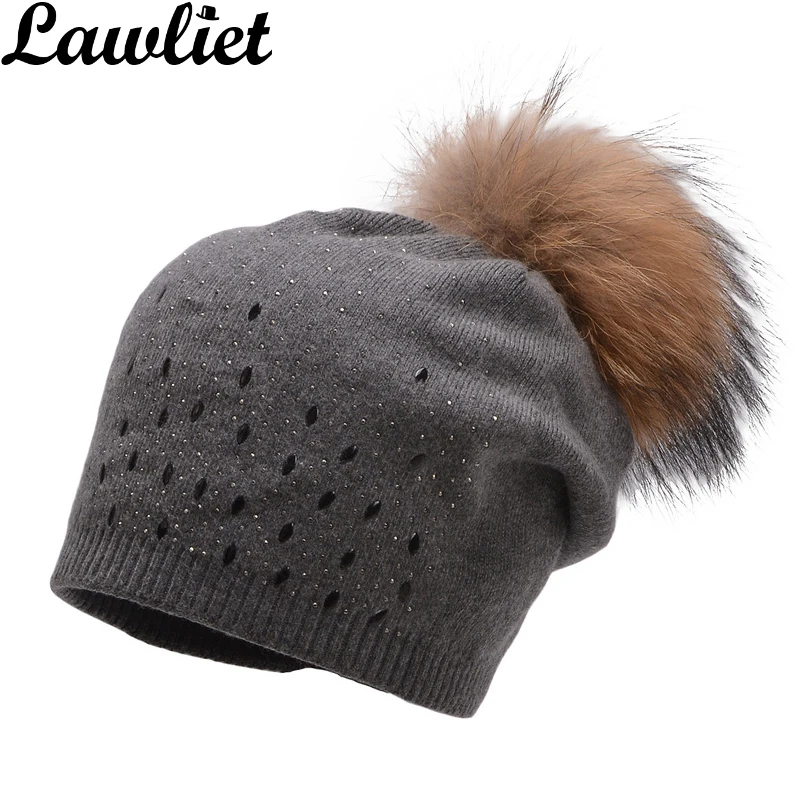 

Lawliet Winter Hat for Women Fashion Diamon Big Raccoon Fur Pompom Hat Casual Beanies Cap Thick Knitted Hat Ladies Wool Hat Cap