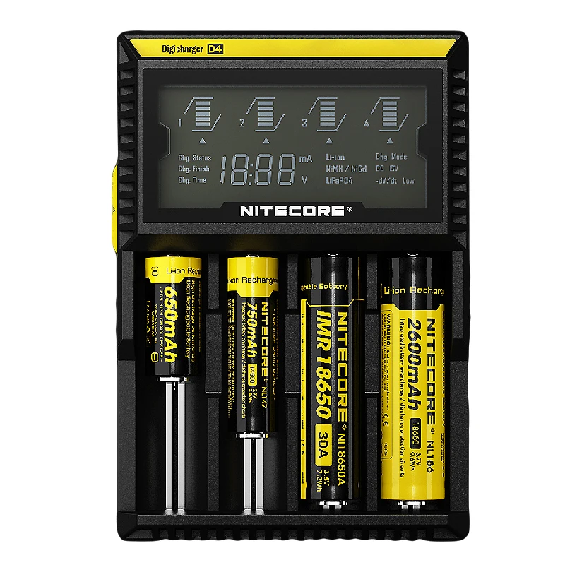 100% Original Brand Nitecore Battery Charger D4 D2 I4 I2 LCD Intelligent Charger Li-ion 18650 14500 16340 26650 AAA AA 12V