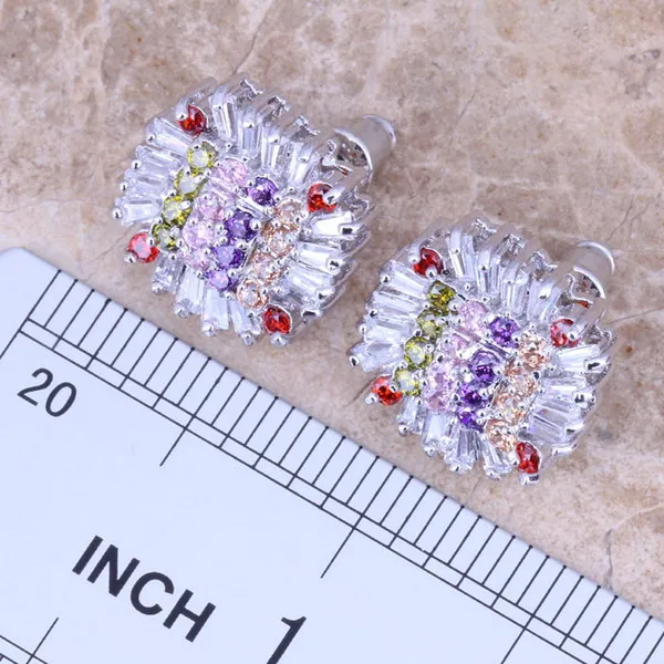 Prominent Multicolor Purple Cubic Zirconia Silver Plated Stud Earrings H200