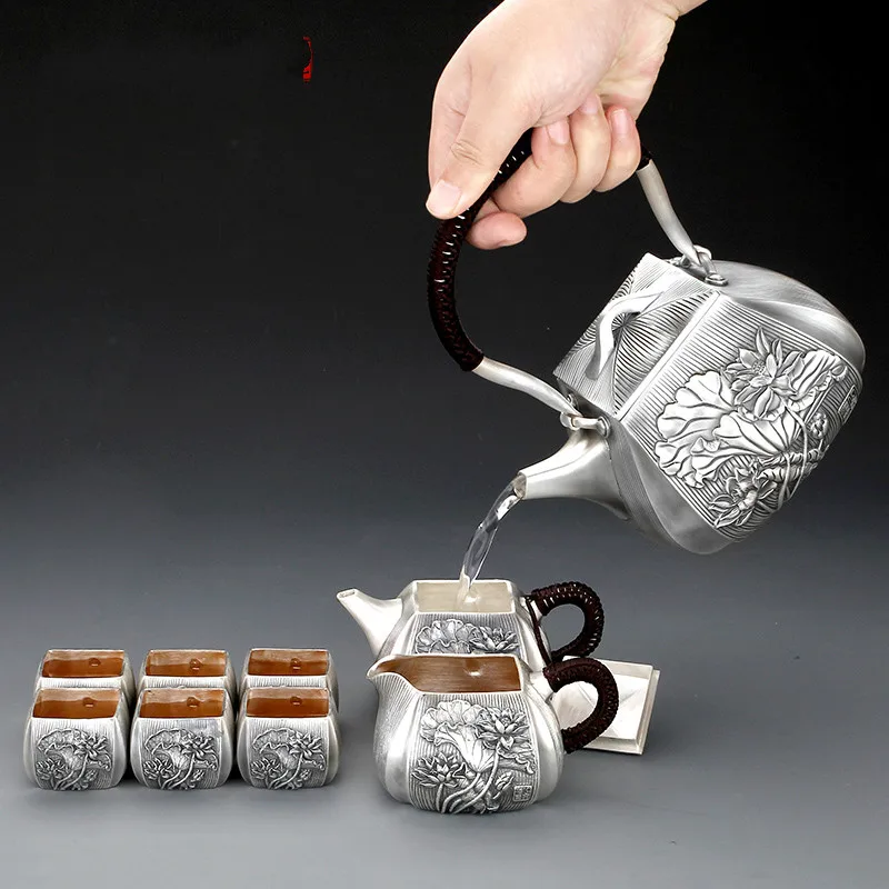 pure silver Kung Fu tea set, manual production pure silver 999 do old burn water kettle mention beam pot, office gift collection