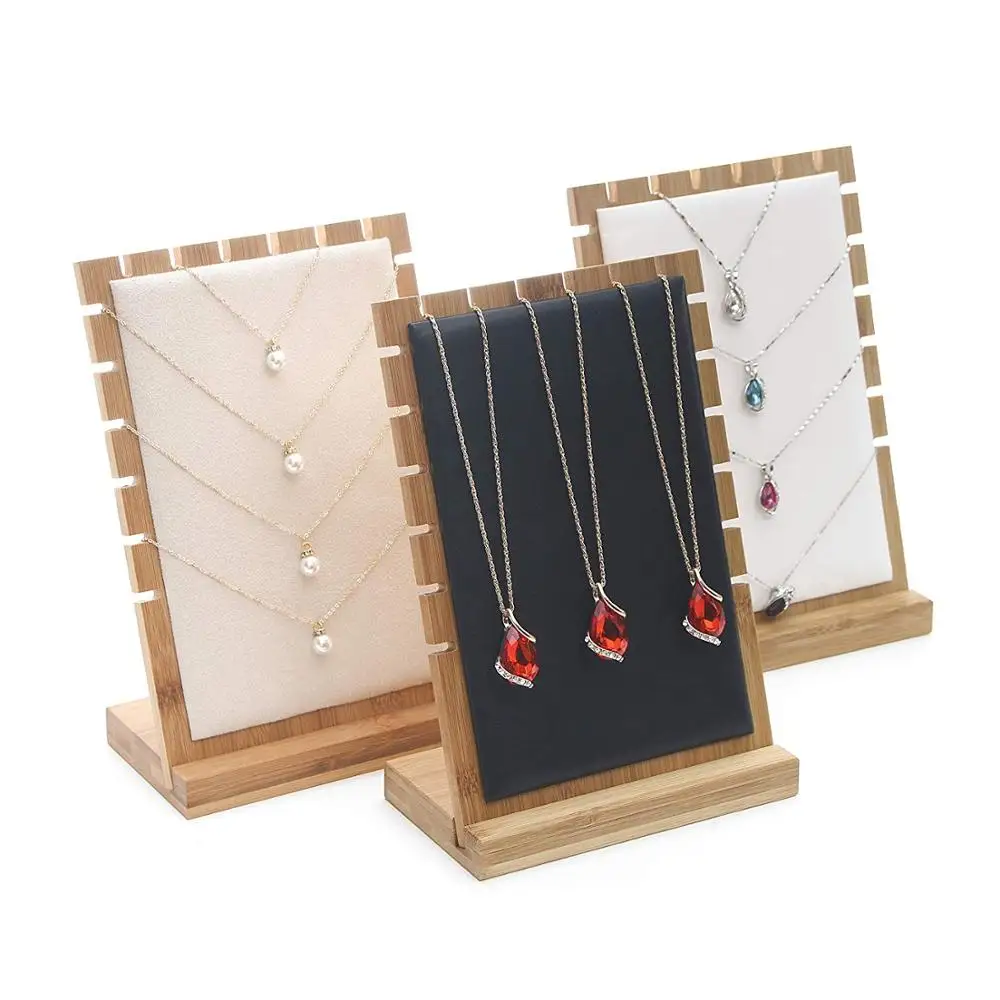 

SZanbana Bamboo Velvet PU Leather Necklace Stand Showcase Jewelry Tabletop Display Boards Pendant Long Chain Handing Organizer