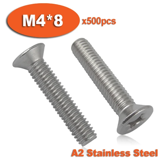 500pcs DIN965 M4 x 8 A2 Stainless Steel Screw Cross Recessed Countersunk Flat Head Screws