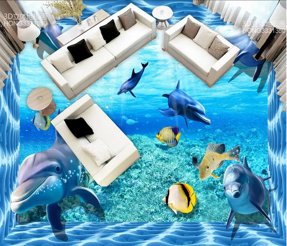 3D wallpaper floor for living room dolphin sea world 3d floor stickers PVC   self-adhesive 3D floor