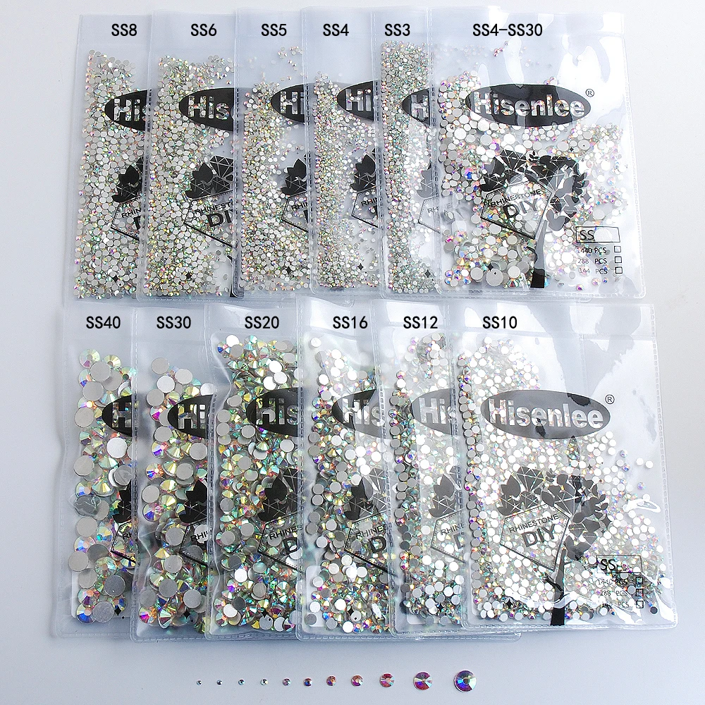 Crystal AB Non Hotfix Strass Rhinestones For Nail Art SS3-SS10 1440pcs Flat Back Non Hotfix Glue On Nail Art Glass Diamonds DIY