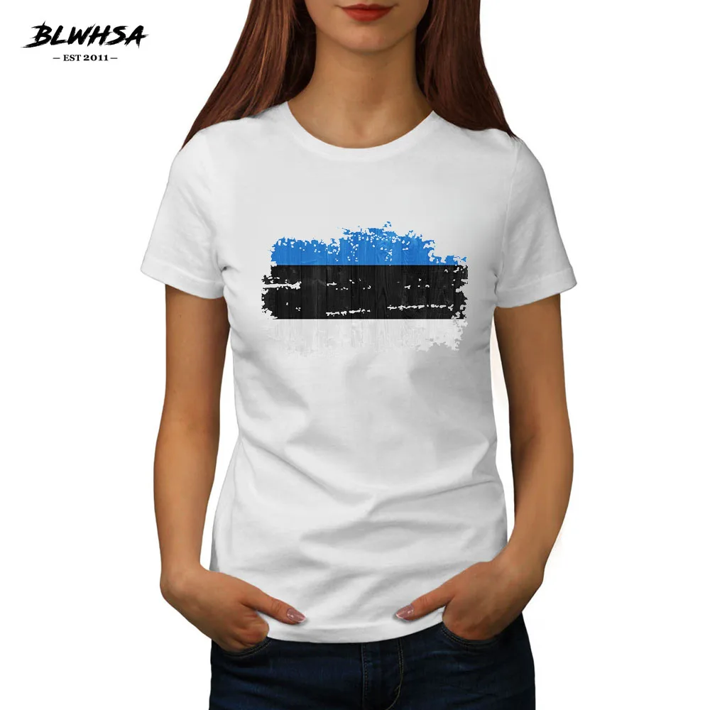 BLWHSA Estonia National Flag T-shirt For Women New  Short Sleeve O neck T Shirt Female Nostalgic Style Summer Cotton Top Tee