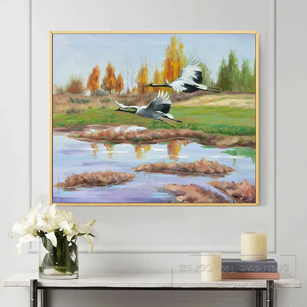 Artist Hand-painted High Quality Impressionist 2 Birds Flying Landscape Oil Painting Beauty Red-crowned Crane Birds Oil Painting