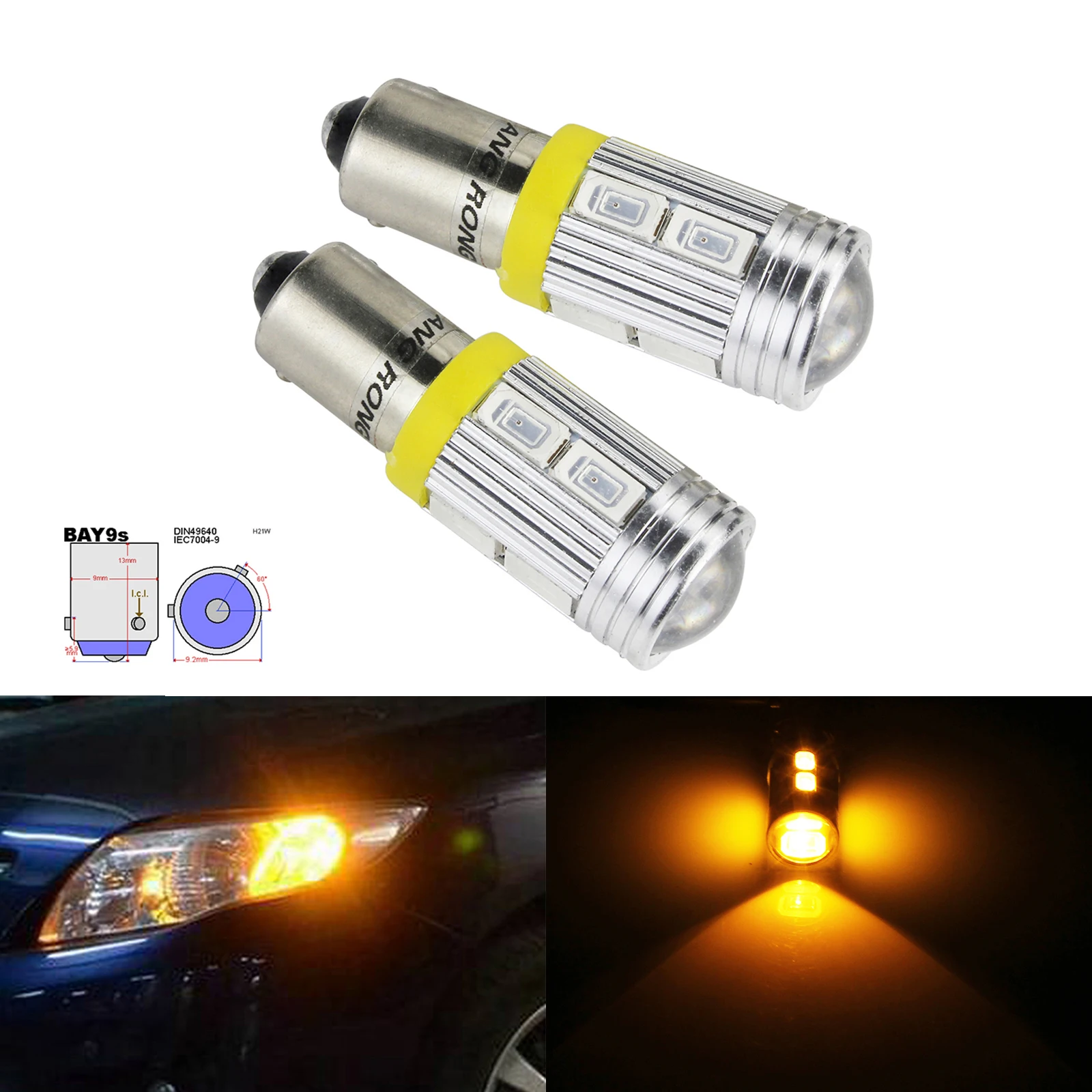 

ANGRONG 2x Amber 435 H21W BAY9s Bulb 10SMD LED Turn Signal Indicator Light Sidelight DRL