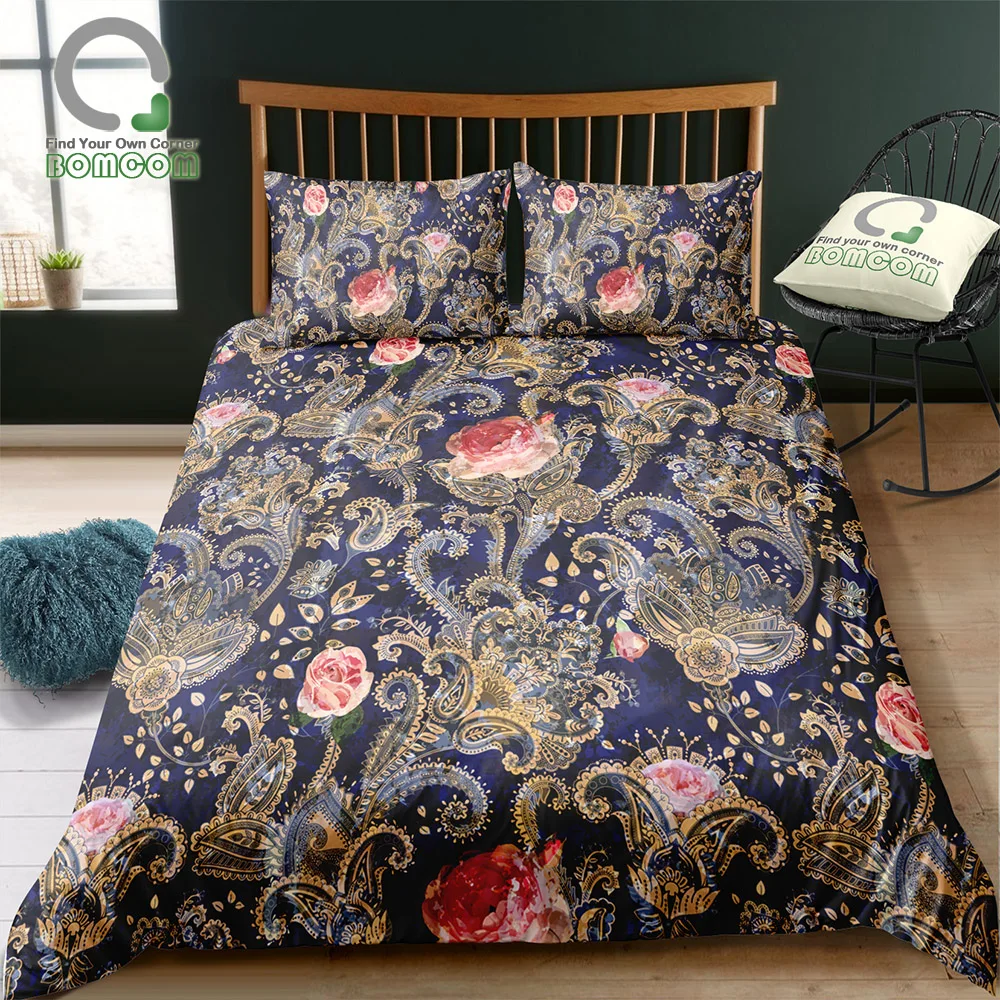 

BOMCOM 3D Digital Printing Bedding Set Luxury Watercolor Peisley Rose 3-Pieces Duvet Cover Sets 100% Microfiber Navy Blue