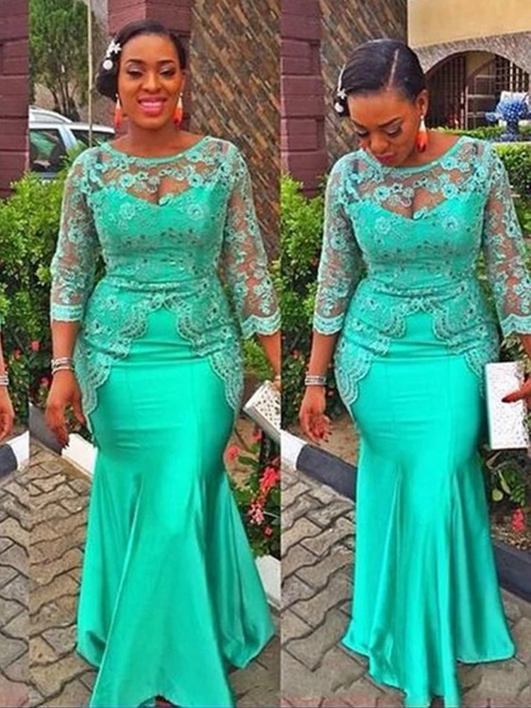 Turquoise African Mermaid Evening Dress 2021 Vintage Lace Nigeria Long Sleeves Aso Ebi Style Mother Party Gown vestidos de gala