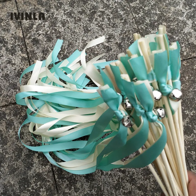 

50pcs/lot green and cream ribbon Wands with sliver Bells for wedding party