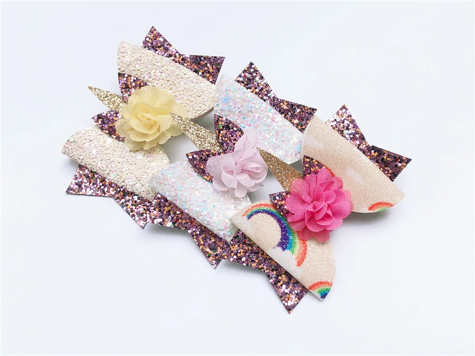 Boutique 15pcs Fashion Glitter Rainbow Cute Unicorn Bowknot Hairpins Solid Floral Bowtie Hair Clips Princess Hair Accessories