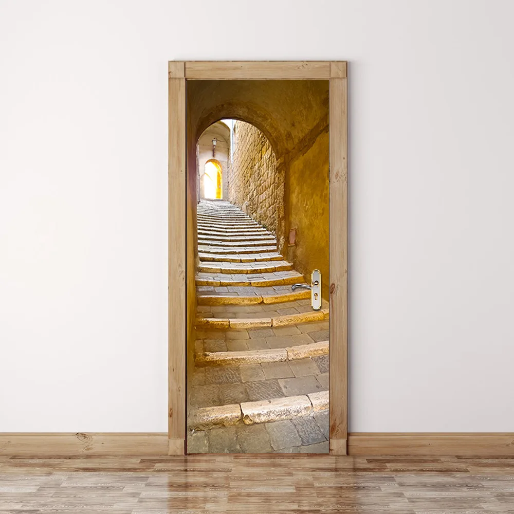 Funny 3D Stone Stairs Door Sticker Bedroom Livingroom Door Renovation Mural New Peel and Sticker Decorative Art Decal on Door