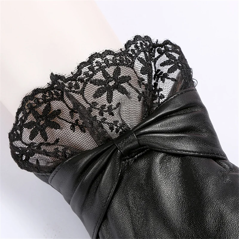 Fashion New Fashion Lace Leather Gloves Ladies Winter Plus Velvet Warm Sheepskin Gloves 1651-5