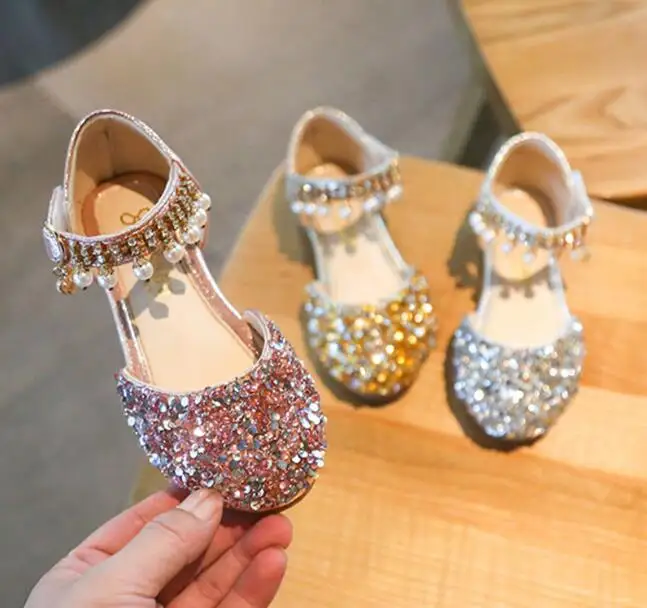 

Summer Girls Shoes Bead Sequin Flats Fling Princess Shoes Baby Dance Shoes Kids Sandals Children Wedding Shoes Gold