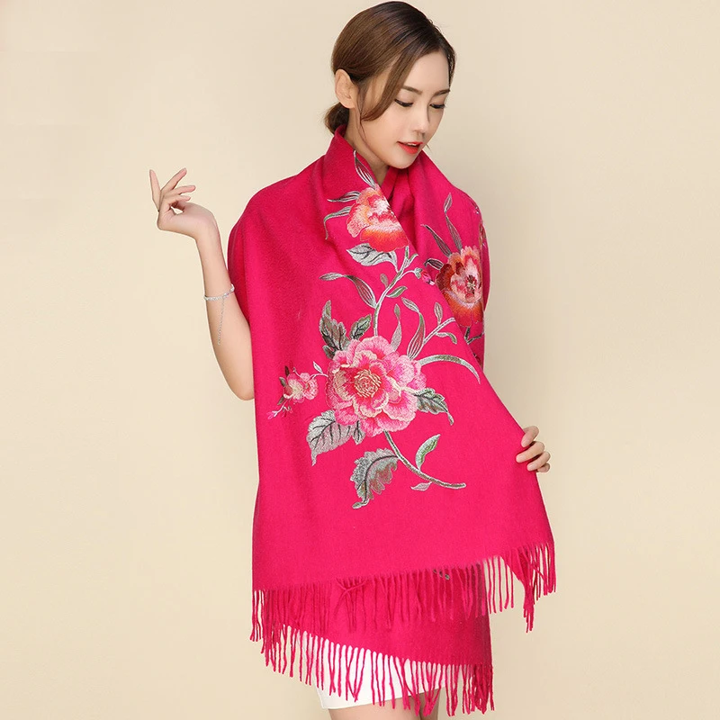 النساء التطريز الكشمير وشاح الشتاء شرابة الأزهار الباشمينا الحجاب الزهور الأوشحة السميكة طويلة الدافئة شالات المرأة الأوشحة الدافئة #3
