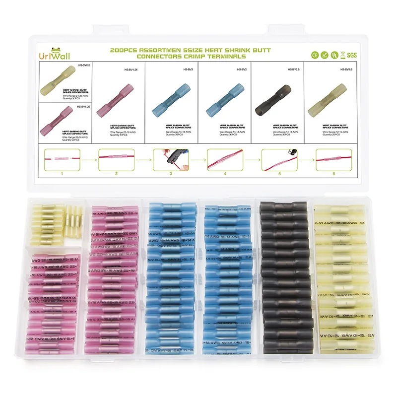 

200Pcs Thicken Heat Shrink Butt Terminal Set Insulated Electrical Wire Splice Cable Shrinkable Tube Crimp Connectors 5 Sizes Kit