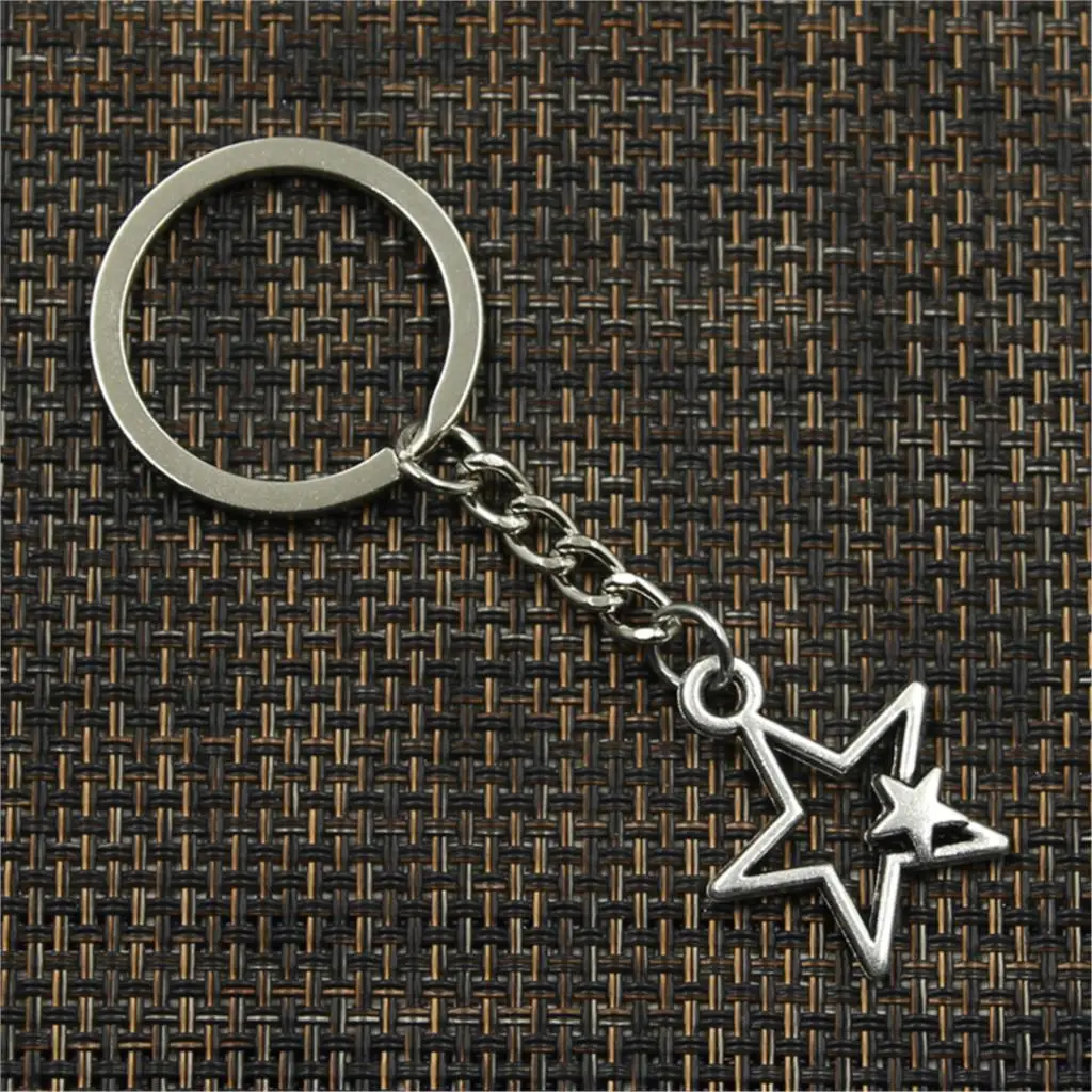 New Fashion Men 30mm Keychain DIY Metal Holder Chain Vintage Hollow Double Star 27x21mm Silver Color Pendant Gift