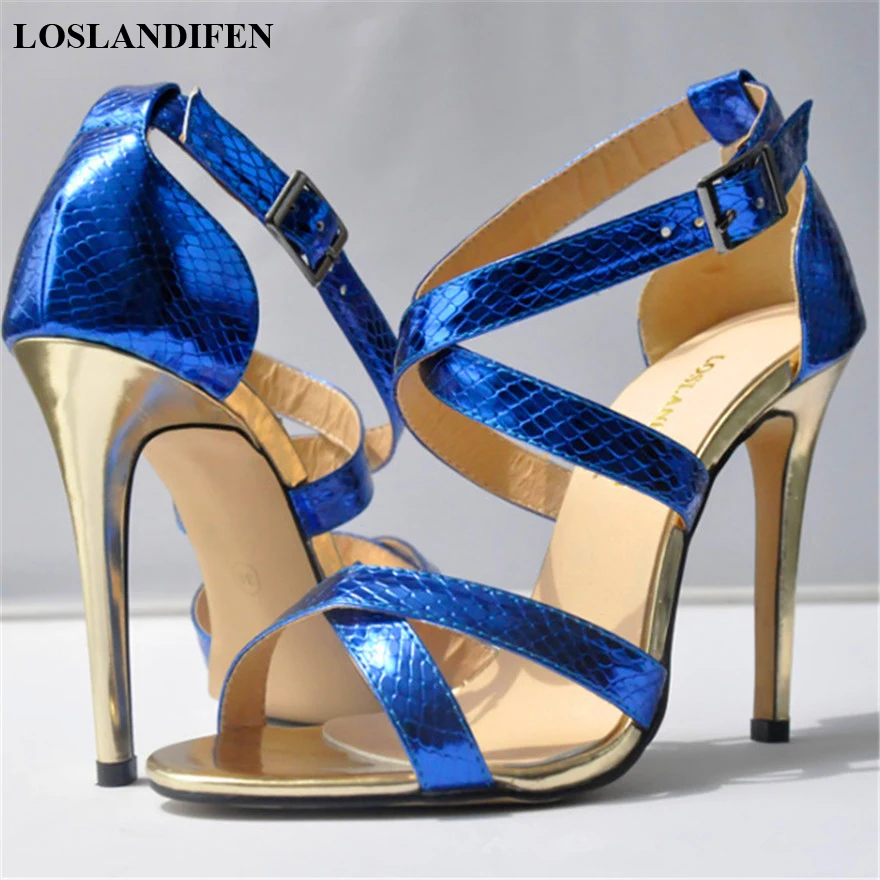 

Metal Heel Sexy Crocodile Pattern/Patent Leather Women Sandals 2024 New Open Toe Cross Buckle High Heels Dress Party Shoes Woman