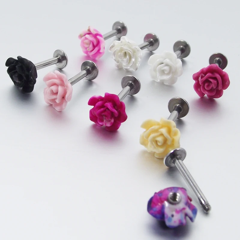 1 Piece 16G 1.2x8mm Rose Flower Labret Ring Flowers Lip Rings Earring Tragus Ear Piercing Body Jewelry