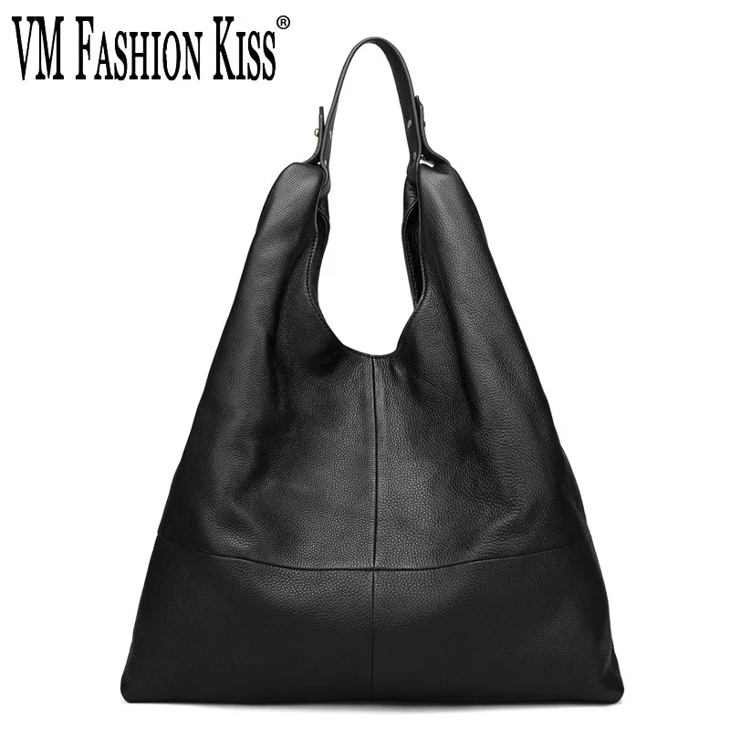 VM FASHION KISS Genuine Leather Women Pochette Hobos Bag Solid Soft Real Cowhide Casual Top-Handle Shoulder Crossbody Bags