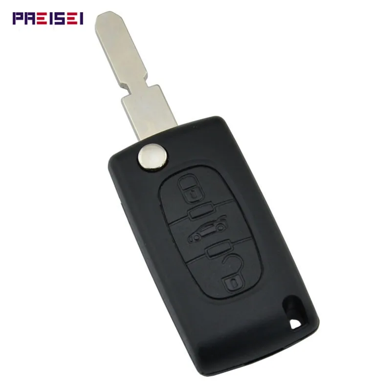 PREISEI 3 Buttons With Battery Clip CE0536 Car Flip Remote Key Case For Peugeot 406 Key Fob Replacements