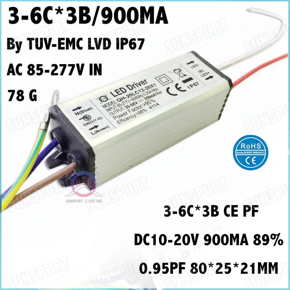 

5 Pcs TUV-CE IP67 PFC 20W AC85-277V LED Driver 3-6Cx3B 900mA DC10-20V Constant Current LED Power For Ceiling Lamp Free Shipping