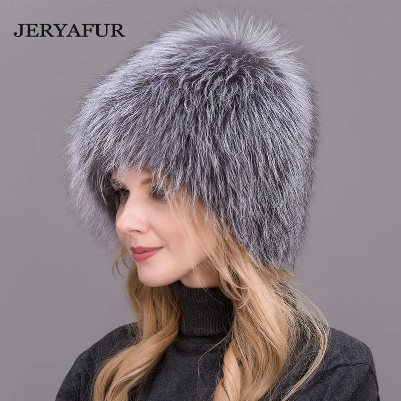 JERYAFUR  NEW Bomer Caps Women Winter Fur Hat Genuine Fox Fur Hats Knitted Silver Fox Fur Caps Female