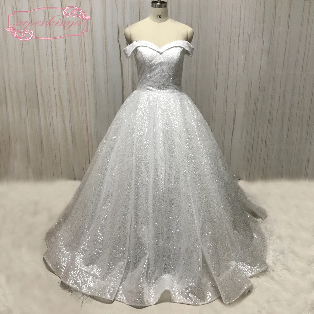 Superkimjo Đầm Vestido De Noiva Lệch Vai Váy Áo 2020 Sequin Lấp Lánh Sang Trọng Cưới Sang Trọng Bầu