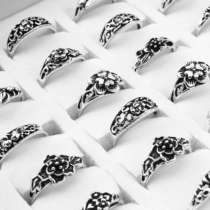 100 Pieces/Lot Mix Retro Ring Wholesale Flower Charm Antique Silver Plated Statement Small Vintage Ring for Women and Men