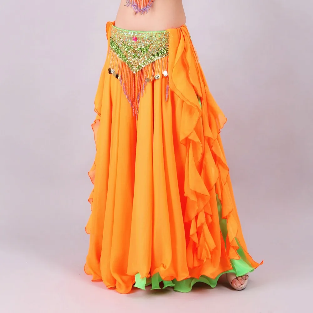 Belly Dance Skirts Women Floor-Length 2 Layer Chiffon Belly Dance Costume Skirt Oriental Costume Skirt Bellydance(Without Belt)