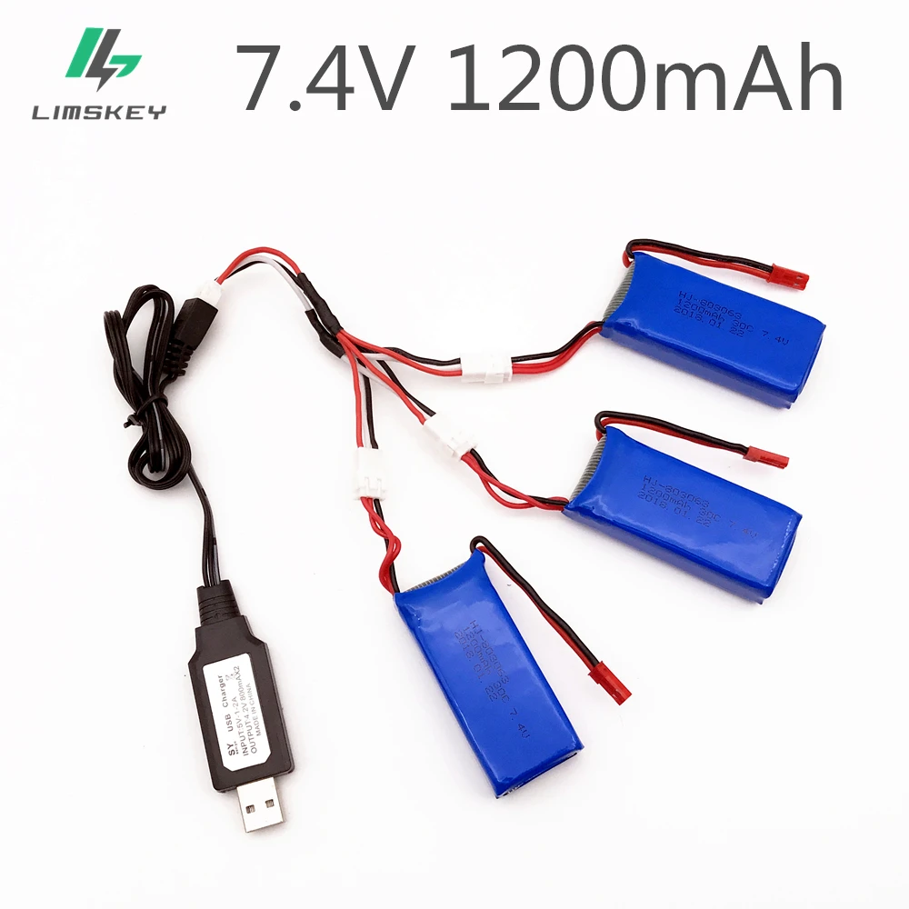 3pcs 7.4V 1200mAh Battery USB Charger 3 in 1 Cable For YiZhan Tarantula X6 MJX X101 X102h X1 H16 WLtoys V666 V262 V353 V333