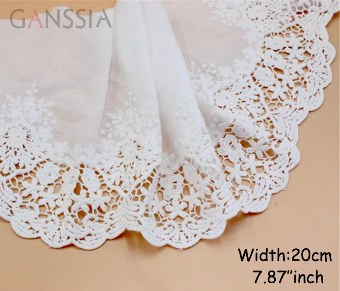 1yard Width:20cm ( 8 Inch) Quality Handmade Cotton Lace Embroidery Laces Fabric Ivory White Color Lace Garment  (ss-578)