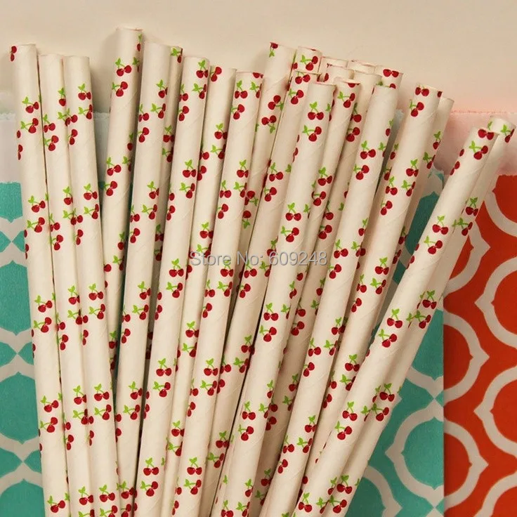 100 Pcs Mixed Colors Red Cherry Printed Drinking Paper Straws,Cheap Discount Biodegradable Party Supplies Bulk Wholesale