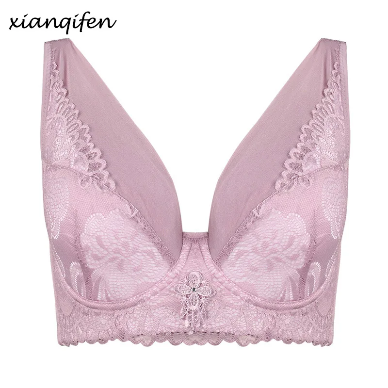 Xianqifen Sexy Lace Bra Plus Size Brassiere Lingere 3/4 Cup Underwire super Gather Adjustable Underwear Push Up Bras For Women