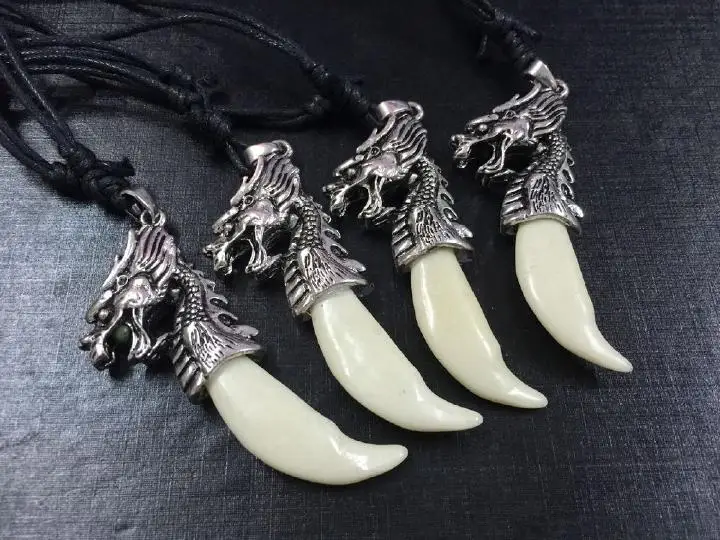 20 PCS Personality Tibetan Fashion Cool Men's Wolf Teeth Adjustable Black Cord Necklace