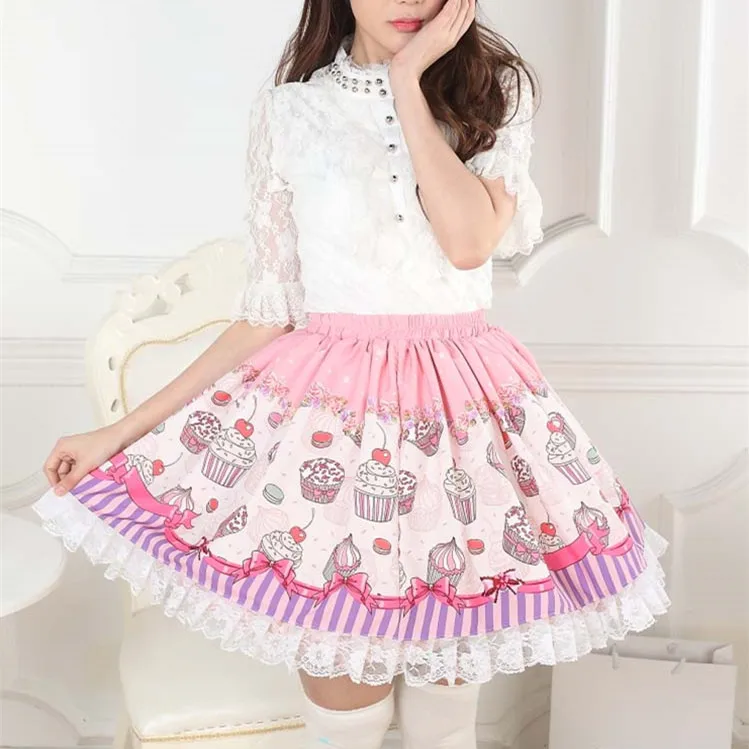 Summer New Alice Sweet Super Cute Cake Print Pink Lolita Princess Lace Skirt For Women Teen Girls Plus Size Cosplay Skirts