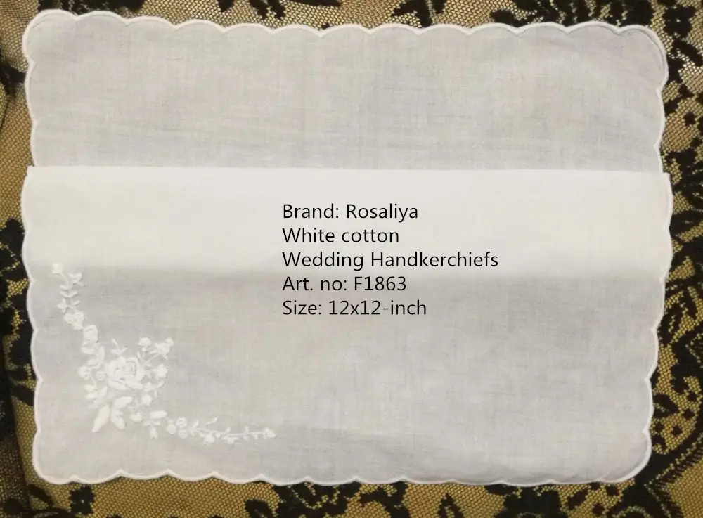 ชุด 12 แฟชั่นผ้าฝ้ายสีขาวสุภาพสตรีผ้าเช็ดหน้า 12 นิ้วงานแต่งงาน Hankie ผู้หญิง Hanky กับ scallooed ขอบและปักดอกไม้